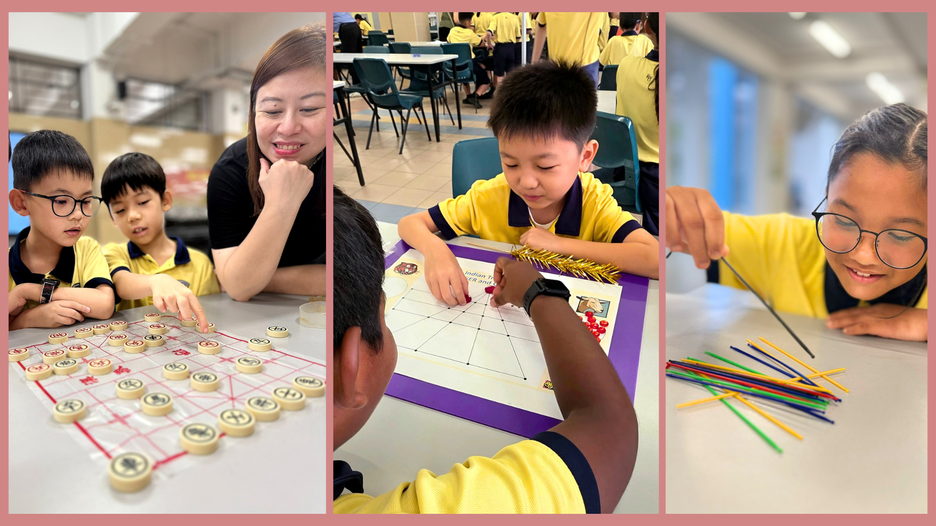 Students in yellow uniforms do crafts, pose by a Harmony Begins With Us mural, and color drawings at tables.
